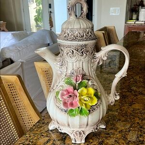 Vintage Capodimonte ceramic tall pitcher vase w/ pink & yellow flowers 12 x 18”